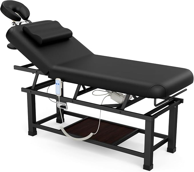 Olela Wide Electric Massage Table - Stationary Massage Table with Electric Lift and Manual Adjustable Backrest, Lash Bed with Storage, PU Leather, Metal Frame for Beauty, Massage, Tattoo