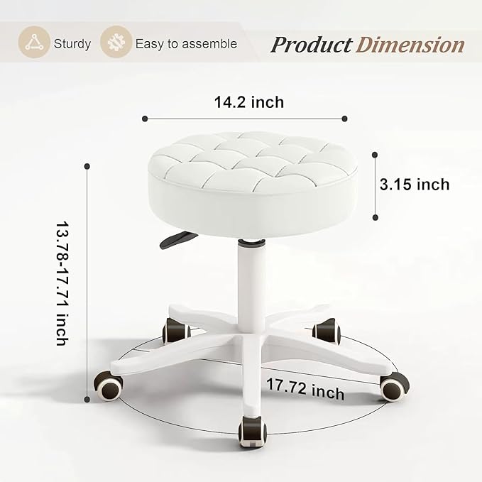 Small Rolling Stool with Wheels, PU Leather Height Adjustable Vanity Work Task Stool, 360 Swivel, Padded Seat Cushion, for Salon, Home, Office