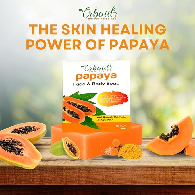 Erbaid Papaya Soap Face & Body Wash – Skin Brightening Papaya Soap Bar for Dark Spots – Reduce Acne, Cleanse Scars, & Even Tone – with Turmeric, Kojic Acid & Essential Oils – for All Types