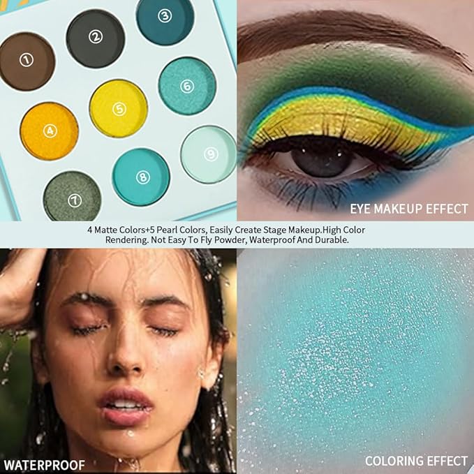9-Color Eyeshadow Palette – High Pigment Matte Shimmer Glitter Eyeshadow Palette in Teal, Yellow, Olive & Brown, Long-Lasting Waterproof, Blendable for Creative & Everyday Looks