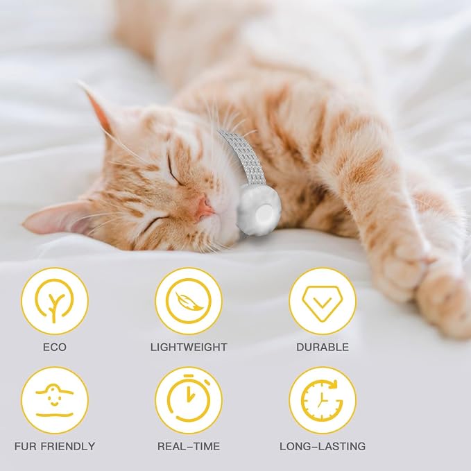 Cat Tracker Collar No Monthly Fee(iOS Only),Waterproof Pet Tracker for Cats with Safety Elastic Buckle,Compatible with Apple Find My App not for Android,White