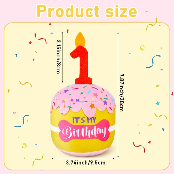 Dansydaisy Dog Birthday Cake Toy Squeaky Plush Gift,1st,Pink and Yellow