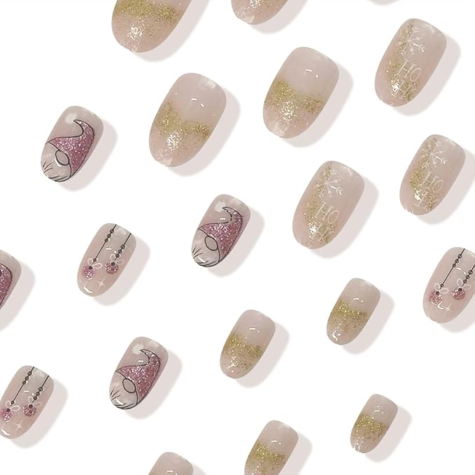 Christmas Glitter Gnome Press on Nails Medium Oval Acrylic False Nails Winter Xmas Snowflake Glue on Nails Glossy Christmas Fake Nails for Women Girls