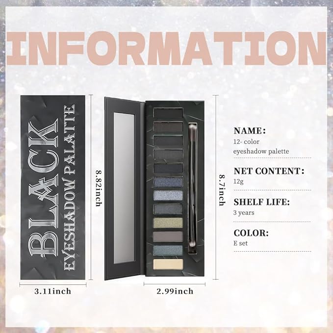 12 Colors Highly Pigmented Eye Shadow Cool Shades Palette Makeup Kit for Women, Black Coal Steel Gray Silver Beige Yellow Eyeshadows, Smoky Shimmery Metallic Eyeshadow Palette Long-Lasting Waterproof