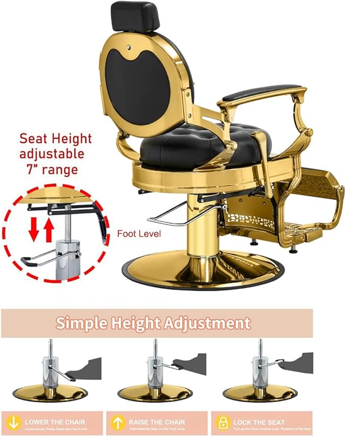 Kaleurrier Hair Styling Chair Reclining: Men’s Barber Chairs for Barber Station - Heavy Duty Salon Chair with Footrest for Hair Stylist Wide Seat Gold and Black