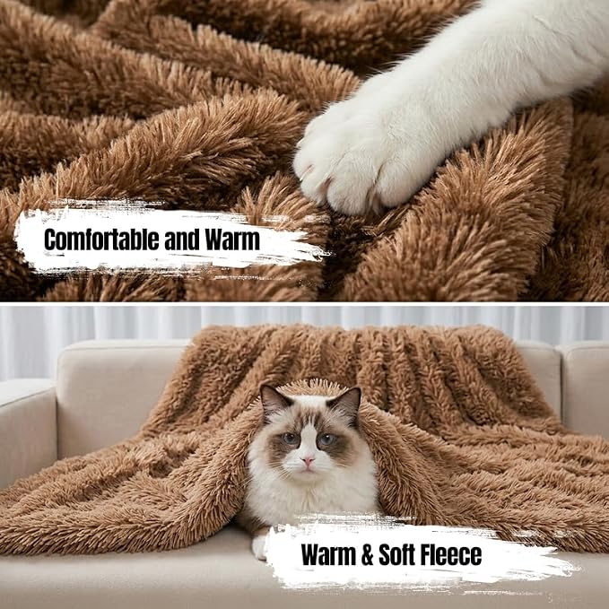 Pet Blankets Waterproof Fluffy Fleece Blanket Cat Dog Blankets Liquid Pee Proof Throw Blanket Reversible Furniture Protector Cover Washable for Couches Beds Sofa 57"x40" Brown