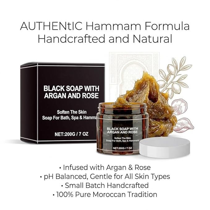 Moroccan Black Soap Hammam, Black Soap for Face, Exfoliating Body Cleanser, Argan Oil Nut Oil and Rose Oil– Deep Cleansing, Softens Skin Highly Moisturize (1PCS Moroccan Body Care)