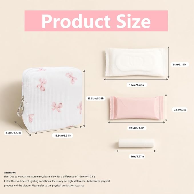 Period Bag for Girls, Corduroy Period Kit with Sanitary Pad Pouch, Menstrual Storage Bag and Tampon Holder for Purse, Girls School Essentials,Feminine Care Organizer(Pink Bow)