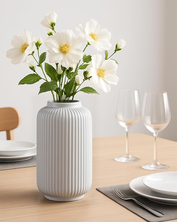 White Ceramic Vase, 8 Inch Ribbed Flower Vase for Bouquet and Pampas Grass, Modern Wide Mouth Decorative Vase for Dining Table, Kitchen Shelf, Wedding Centerpiece