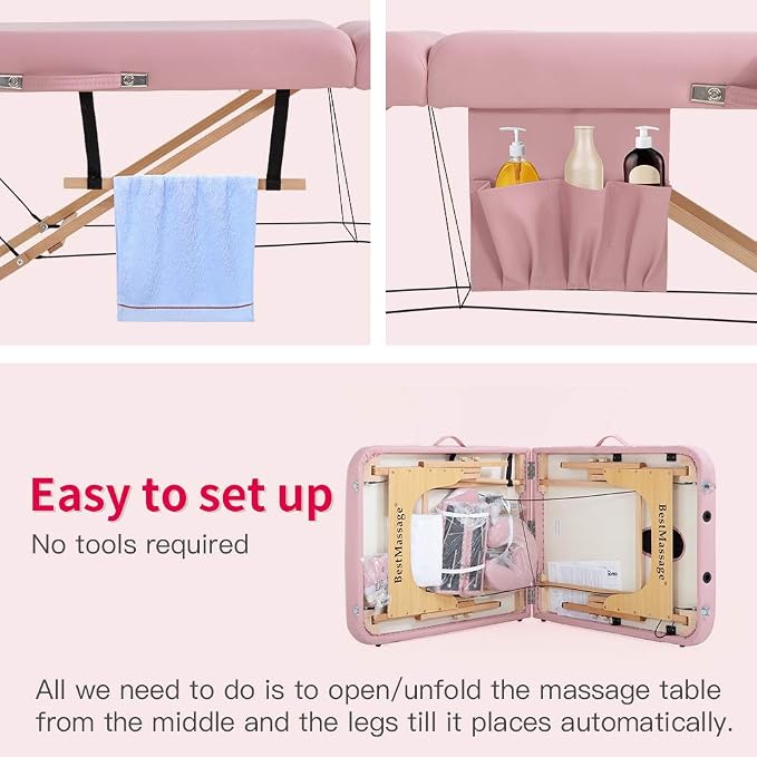 BestMassage Massage Bed Portable Massage Table 28 inch Wide Lash Bed Height Adjustable 2 Folding PU Leather with Towel Hanger Oil Pouch Half Bolster Round Bolster Non-Woven Bag