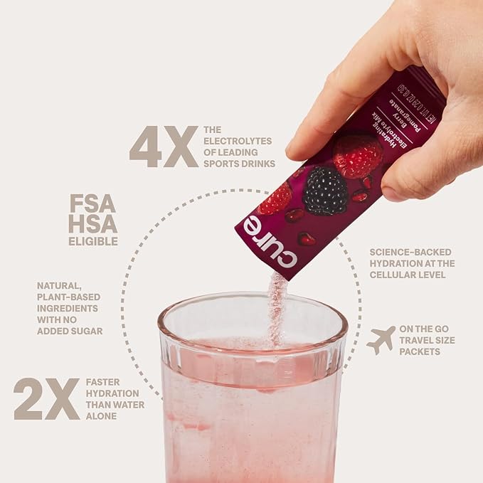 Cure Hydration | Plant-Based Electrolyte Drink Mix | No Added Sugar | Dehydration Relief Powder Made with Coconut Water | Non-GMO | Vegan | Pouch of 28 Packets - Berry Pomegranate
