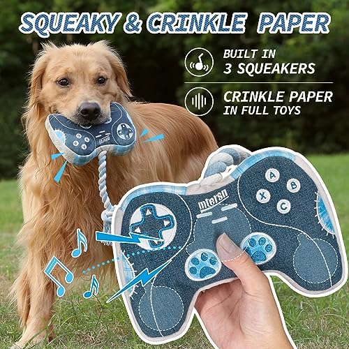 MTERSN Funny Squeaky Dog Toys, Game Controller Plush Toy, Playtime, Denim