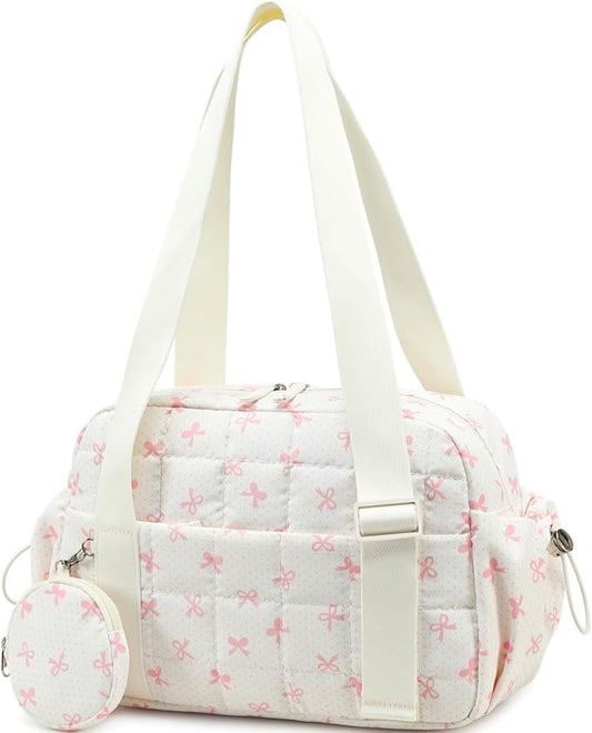CAMTOP Mini Gym Bag for Women, Small Gym Tote Bag Puffy Quilted Sports Duffel Bag with Wet Compartment and Coin Purse Duffel Bags Dance Yoga Workout Bag for Gifts (Beige Pink Bow, Mini-12.6")
