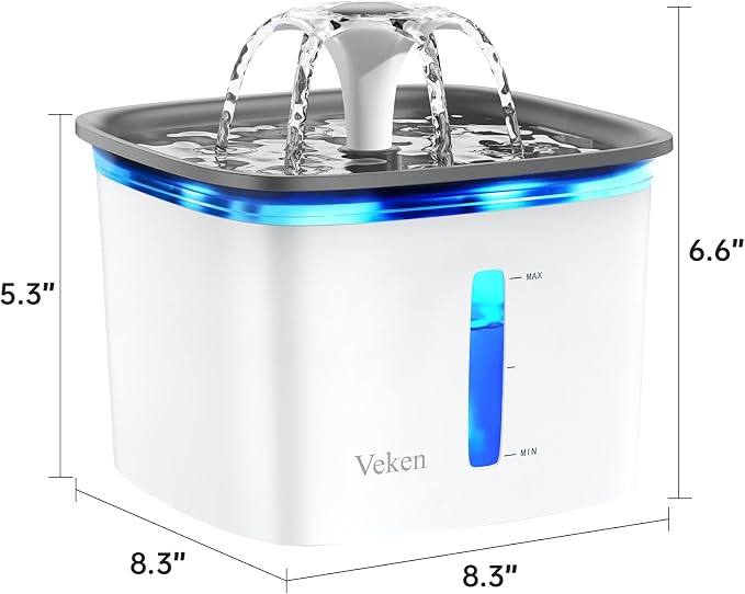 Veken Innovation Award Winner 95oz/2.8L Cat Water Fountain | Automatic Pet Fountain Dog Water Dispenser with Replacement Filters & Silicone Mat, Gift for Cats, Dogs (Grey, Plastic)
