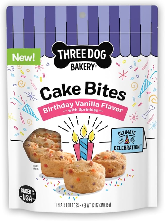 Three Dog Bakery Ultimate Celebration Cake Bites for Dogs - 12 oz Bag | Soft Baked Dog Treats - Birthday Vanilla Flavor with Sprinkles
