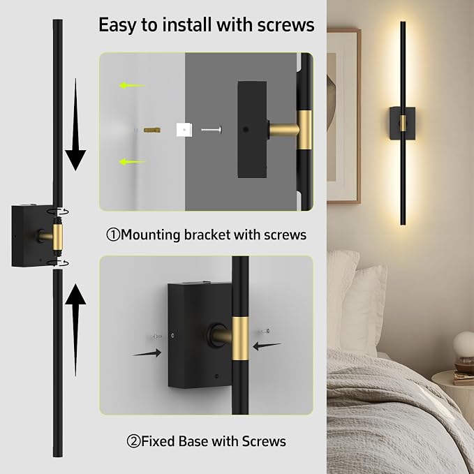 Battery Operated Wall Sconces Set of 2, 10000mAh, Black | Detachable rechargeable battery, 31.5" wireless lighting for TV wall mirror bedroom or living room decor