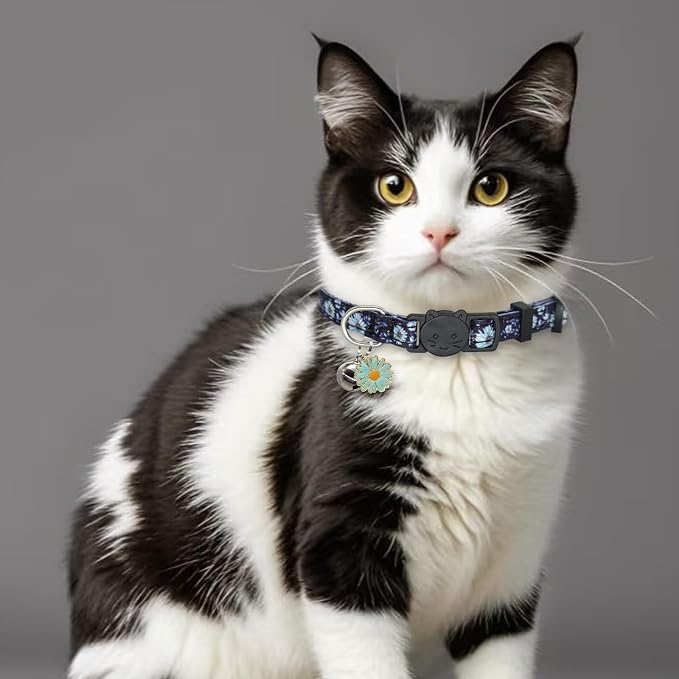 Cat Collar Breakaway, 2 Pack Cotton Kitten Collars with Bells and Removable Charms, Cute Flowers Shaped for Indoor Boy, Girl and Adult Cats, Purple and Blue
