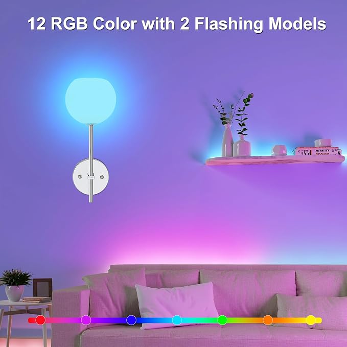 Chrome Battery Operated Wall Sconces Set of 2, Rechargeable Wireless Wall Lights with Milky White Frosted Glass, 12 RGB and 3CCT Dimmable, Wall Lamps with Remote for Bedroom Living Room Hallway