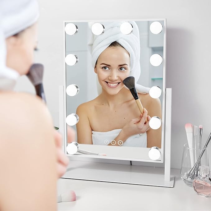 NUSVAN Vanity Makeup Mirror with Lights,3 Color Lighting Modes Detachable 10X Magnification Mirror Touch Control,360°Rotation, White (14.6Inch)