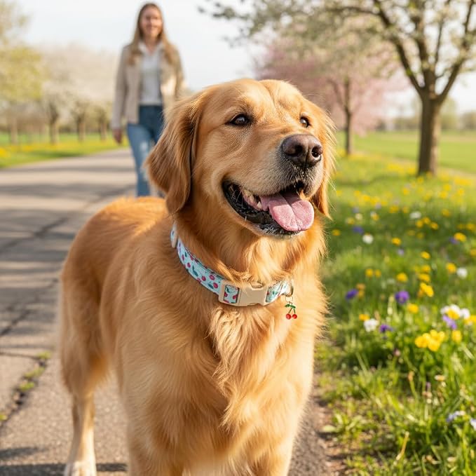 Cherry Dog Collar, Blue Dog Collar for Spring Summer with Quick Release Buckle, Fits Medium, Large, Female, Male Dogs, M