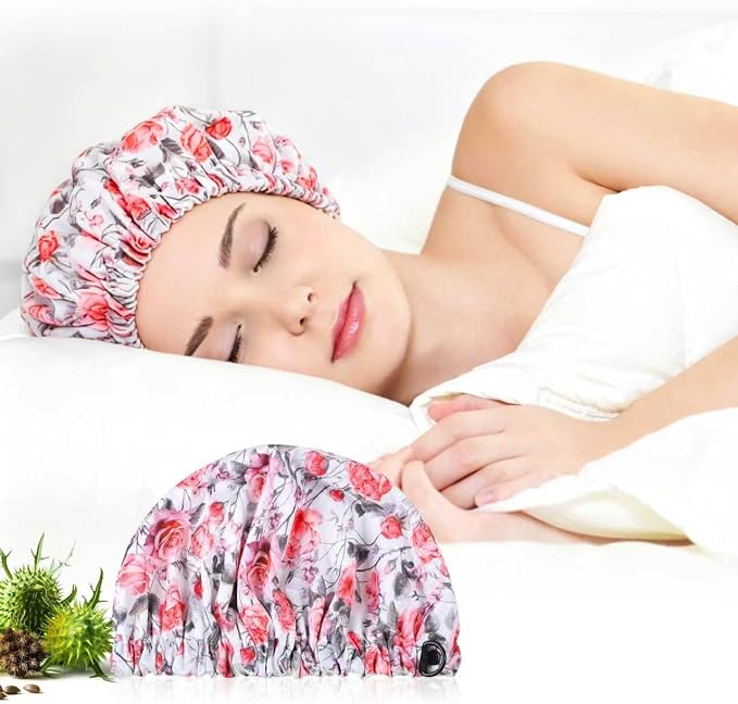 Reusable Castor Oil Hair Cap for Women, Suitable for Treating Dry, Damaged Hair, Overnight Organic Cotton Hair Cap (Oil Not Included), Red Flowers, S