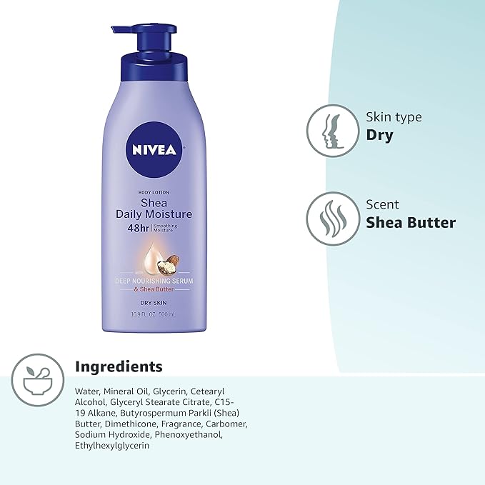 NIVEA Shea Nourish Body Lotion for Dry Skin with Hyaluronic Acid, Shea Butter and Deep Nourishing Serum, 48-Hour Body Moisturizer, 16.9 Fl Oz Pump Bottle (Pack of 2)