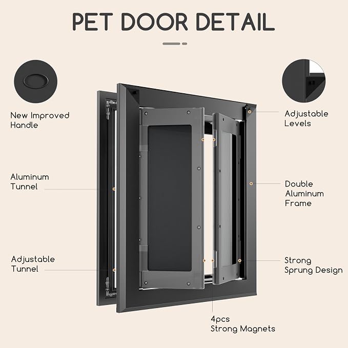 Extra Large Heavy Duty Aluminum Dog Door, Black for 200 LBS Dogs | French aluminum dog door with double magnetic flaps & telescoping tunnel, sturdy frame for dogs up to 200 LBS