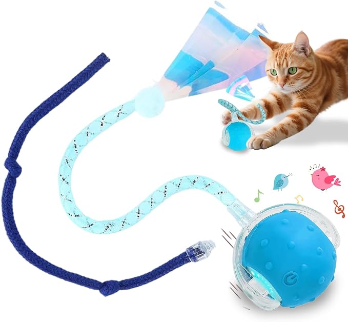 Interactive Cat Toys Smart Ball for Cats & Dogs! Now with 2 Rapid Tails. Features: 360°Auto-Rolling, Motion Activation& Bird Sounds. Perfect for Indoor Pet Exercise & Fun. (Blue)