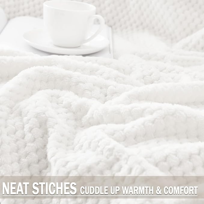 Exclusivo Mezcla Large Waffle Fleece Throw Blanket for Couch, White | Lightweight Soft Blanket for Sofa, Bed, Living Room, Plush Fluffy Throw for Home Decor, Travel, All Season, 50x70 Inches