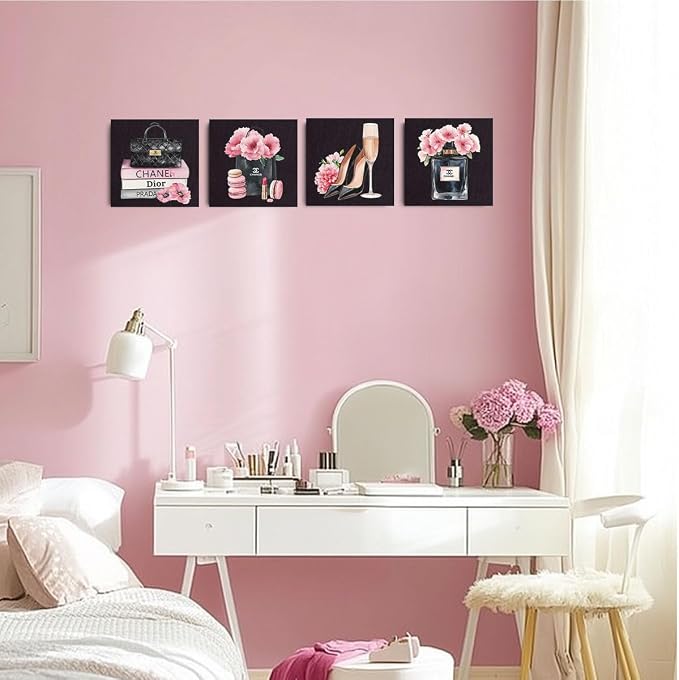 4 Pcs Fashion Canvas Wall Art, Framed Pink and Black Wall Decor 8 x 8 Inch | Aesthetic Posters Art Prints Artwork Pink Pictures for Women Teen Girls Room Bedroom Apartment Vogue Room Decor