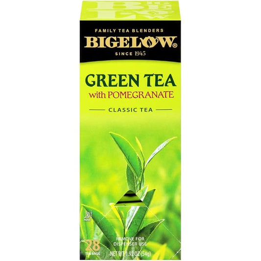 Bigelow Tea Green Tea with Pomegranate 28-Count Box (Pack of 1) Premium Green Tea with Pomegranate Rosehips Hibiscus Antioxidant-Rich All Natural Medium-Caffeine Tea in Foil-Wrapped Bags