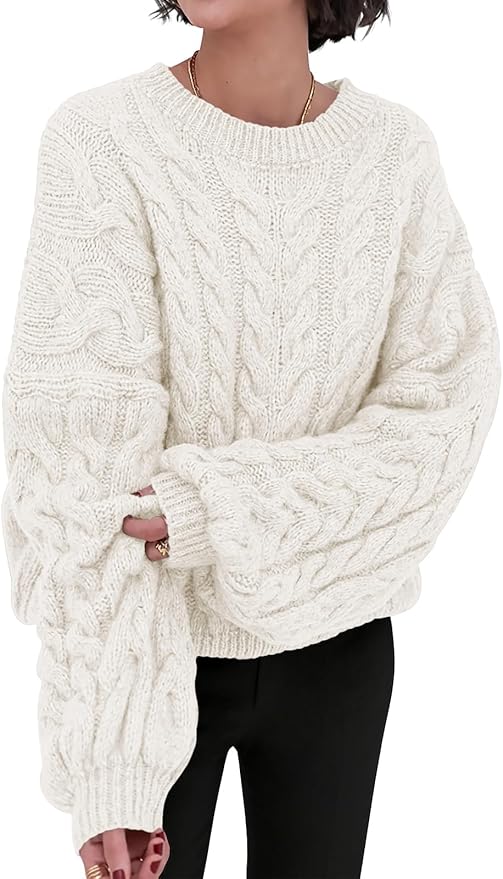 PRETTYGARDEN Womens Sweaters Spring 2026 Cable Knit Long Sleeve Crewneck Oversized Sweater Chunky Pullover Loose Outfits