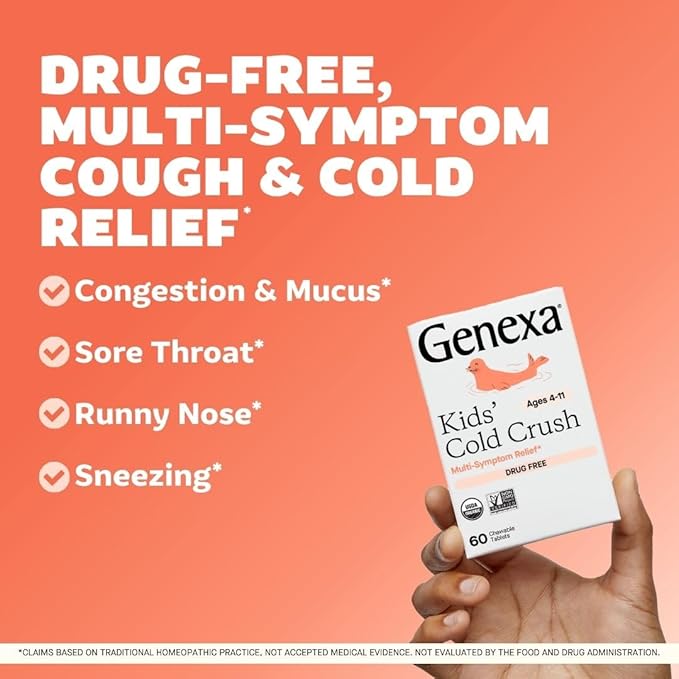 Genexa Kids Cold Crush | Multi-Symptom Cough & Cold, Sore Throat, Congestion Relief for Children | Acai Berry Flavor | Organic & Non-GMO | Homeopathic Remedy Made Clean | 60 Chewable Tablets Age 4-11