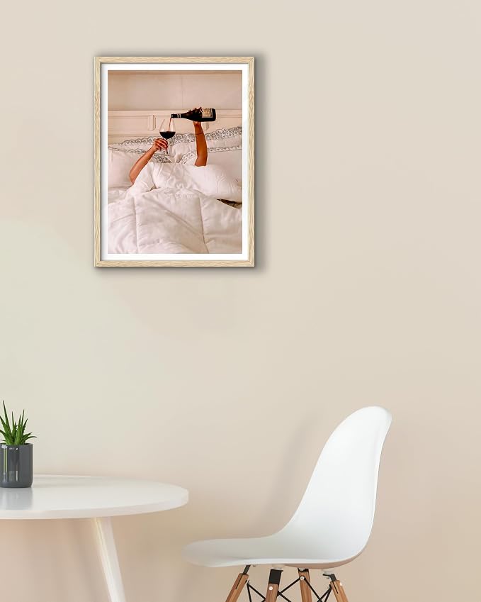 EcoHest 12x16 in Woman Drinking Wine in Bed Framed Wall Art for Bedroom | Natural Oak Wood Frame with Canvas Wall Art, Feminist Wine Wall Decor for Bathroom, Apartment, Dorm, College Room, 1Pack