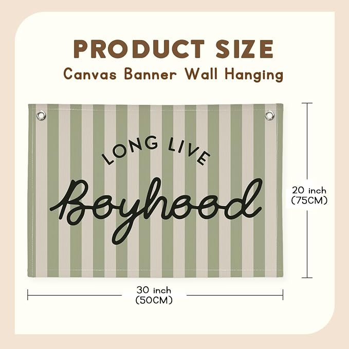 Long Live Boyhood Linen Banner Hanging Vintage Sage Green Stripes Flag Banner for Nursery Playroom Wall Decor for Kids Bedroom Living Room Dorm Toddler Decorations Trendy Room 30x20 boyroom