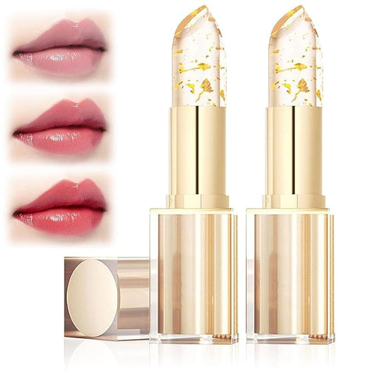 TIMLIFE 2Pcs Transferproof Color Changing Lipstick, Gold Crystal Ph Lipstick Color Changing, Clear Lip stick That Changes Color, Long Lasting Moisturizing Glossy Shine Lip Gloss for Women