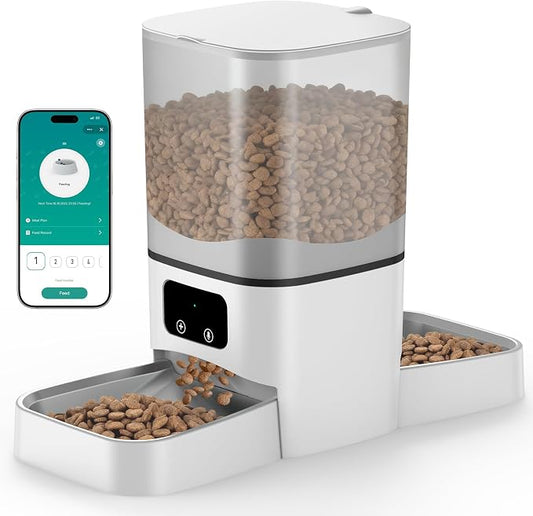 Automatic Cat Feeder for 2 Cats, 6L/25 Cup Large Capacity WiFi Pet Feeder with 2 Stainless Steel Bowls, Dual Power Supply, APP Control, 10s Voice Recorder, Timed Dry Food Dispenser for Multiple Pets