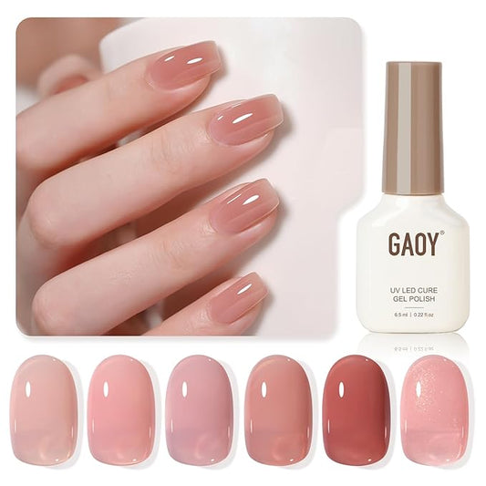 GAOY Nude Jelly Gel Nail Polish of 6 Milky Pink Brown Shimmer Colors Sheer Gel Polish Kit for Salon Manicure and Nail Art DIY at Home