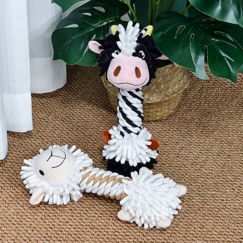 11.02 Inch Grey Donkey Mop Squeaky Dog Toy with Rope Neck, Plush Chew Toy for Puppy Teething, Interactive Tug of War Toy for Small Medium Large Dogs