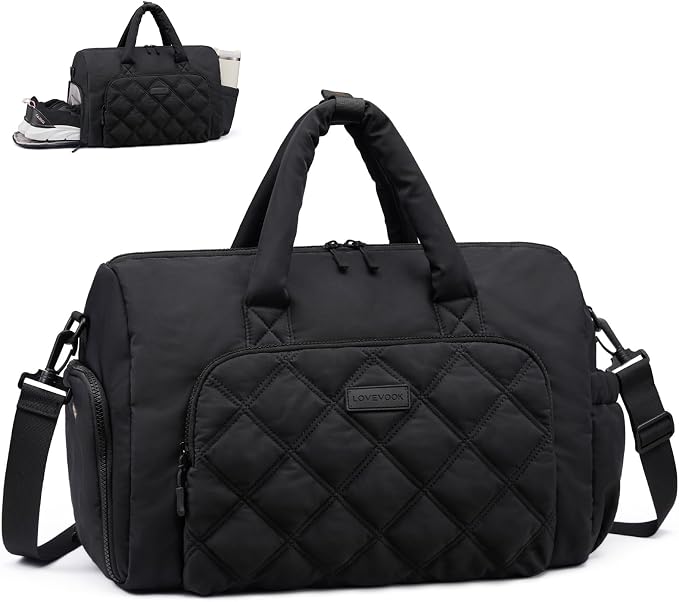 LOVEVOOK Gym Bag for Women with Shoe Compartment,Workout Bag with Large Tumbler Holder Pocket,Carry on Bag for Workout Dance Pilates Ballet Swimming Travel，Black