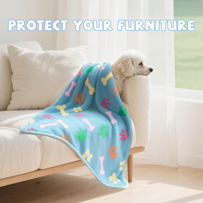 YUEPET 2 Pack Waterproof Dog Blankets, Washable Puppy Blankets 23 x 16 in | Black/Blue Paw Set, Reversible Fleece Throw, Heat-Reflective Mylar Layer, Bed/Sofa/Car Protection, Small Dogs and Cats