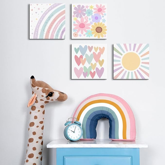 4 Pcs Girls Room Decor Posters Wall Art, Boho Rainbow Prints for Teen Girl | Girl's Aesthetic Framed Posters Art Prints Posters Artwork for Bedroom Playroom Bedroom Home Decor 8 x 8 Inch