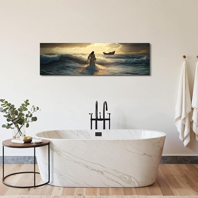 Christian Canvas Wall Art Jesus Walking on Water Wall Decor for Living Room Vintage Christ Picture Bedroom Religion Poster Prints Abstract Sunset Ocean Panoramic Painting Artwork Home Decorations 14x48”