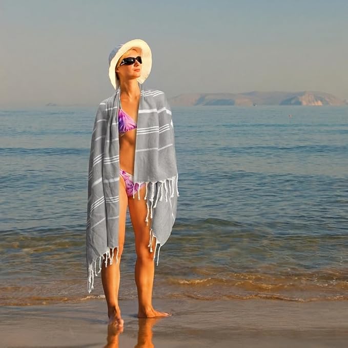 Aegero Turkish Beach Towel, 36"x71" Quick Dry Sand Free Oversized Bath Pool Swim Towel, Lightweight Travel Turkish Towels Vacation Essentials, Light Gray