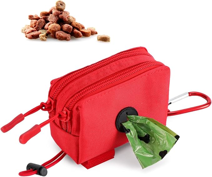 Dog Poop Bag Holder for Leashes, Red Doggie Waste Bag Dispenser and Treat Holder, with Carabiner Hook and Poop Bag Clip, Used Waterproof Wear-Resistant Fabric and 2 Zippered Pouches for Walking