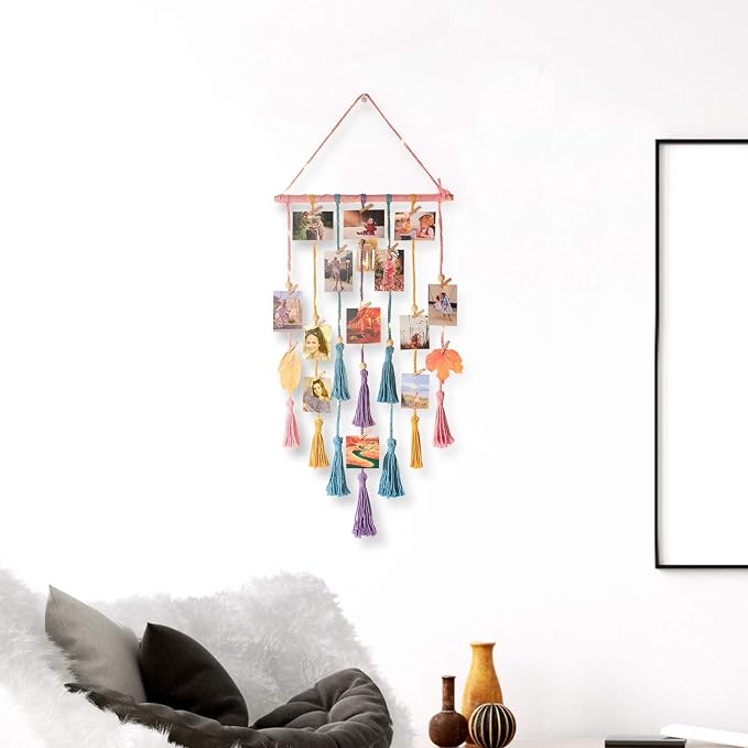 Room Decor for Teen Girls, Hanging Photo Display Macrame Picture Collage Wall Decor, Boho Decor for Bedroom Apartment Dorm Room with Remote Light, Christmas Birthday Gifts for Teenage Girls
