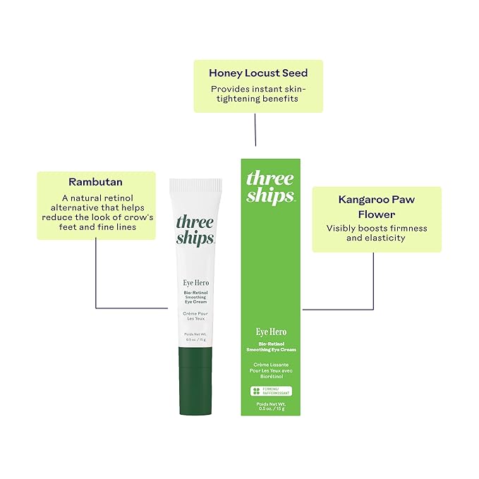 Three Ships - EyeHero Bio-Retinol Smoothing Eye Cream | Firm, Lift, Hydrate Under-Eye Area | Cruelty-Free, Vegan, Paraben-Free, Sensitive Skin Safe (0.5 oz | 15 g)