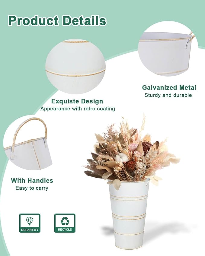 12 Inch Galvanized Metal Vase, 6 Pack Tall Flower Buckets with Handles | Galvanized metal flower buckets with handles, rustic tall vase design for dried flowers, weddings, farmhouse and home decor.
