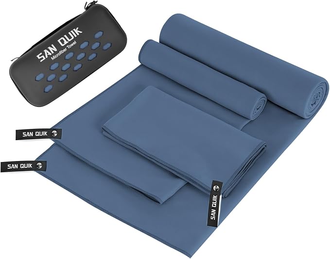 Quick Dry Camping Towel with EVA Case, Microfiber Travel Towel 3 Size at 1 Pack, Super Absorbent Lightweight Fast Drying Towel Set for Beach, Gym, Sports, Backpacking, Yoga & Swimming Pool, Navy Blue