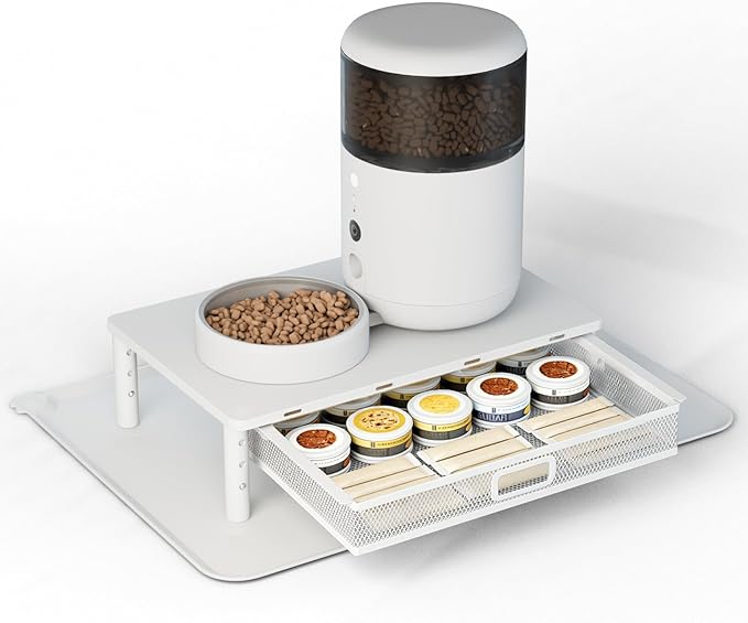 W‌SOWX Adjustable Automatic Cat Feeder Stand, Elevated Cat Food Stand,White | With Drawer and Cat Food Mat,Raises Feeder/Bowls by 4.1"/4.9"/5.7",Relieves Spine and Joints Noticeably on Pets-Sturdy Metal